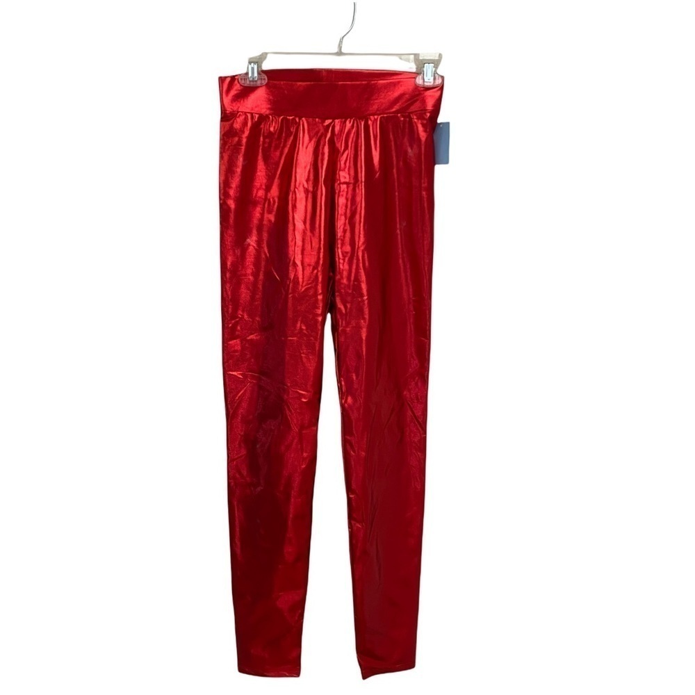 Zoe and Liv Red Shiny Metallic Lamé Spandex Leggings Sz Small